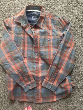 REI womens Gray and Orange Plaid Button-Up Shirt sz L